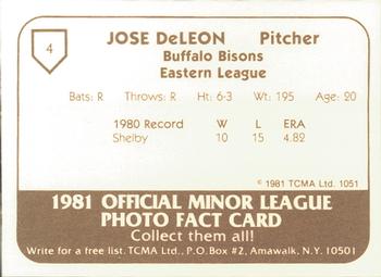 1981 TCMA Buffalo Bisons #4 Jose DeLeon Back