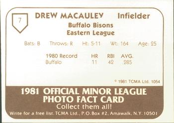 1981 TCMA Buffalo Bisons #7 Drew Macauley Back