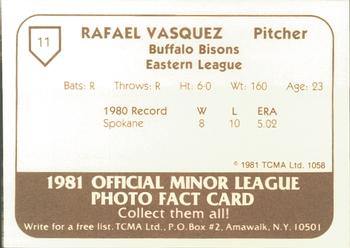 1981 TCMA Buffalo Bisons #11 Rafael Vasquez Back