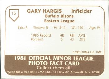 1981 TCMA Buffalo Bisons #15 Gary Hargis Back