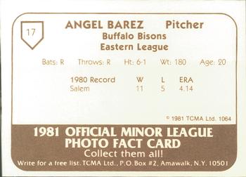 1981 TCMA Buffalo Bisons #17 Angel Barez Back