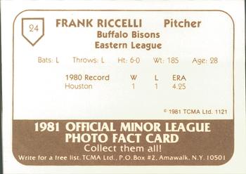 1981 TCMA Buffalo Bisons #24 Frank Riccelli Back
