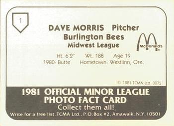 1981 TCMA Burlington Bees #1 Dave Morris Back