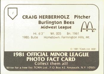 1981 TCMA Burlington Bees #7 Craig Herberholz Back