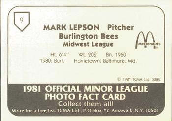 1981 TCMA Burlington Bees #9 Mark Lepson Back