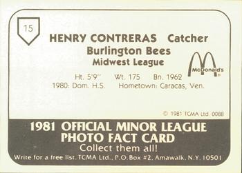 1981 TCMA Burlington Bees #15 Henry Contreras Back