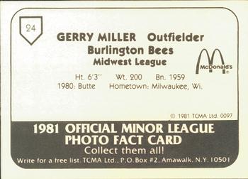 1981 TCMA Burlington Bees #24 Gerry Miller Back