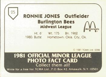 1981 TCMA Burlington Bees #25 Ronnie Jones Back
