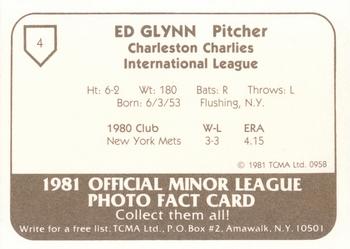 1981 TCMA Charleston Charlies #4 Ed Glynn Back
