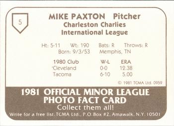 1981 TCMA Charleston Charlies #5 Mike Paxton Back