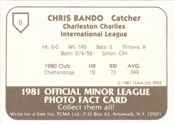1981 TCMA Charleston Charlies #8 Chris Bando Back