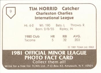 1981 TCMA Charleston Charlies #9 Tim Norrid Back