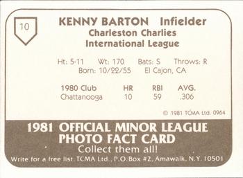 1981 TCMA Charleston Charlies #10 Kenny Barton Back
