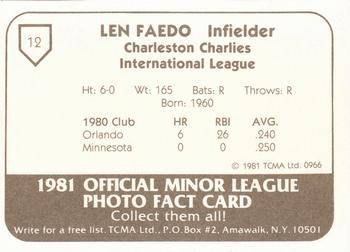 1981 TCMA Charleston Charlies #12 Len Faedo Back