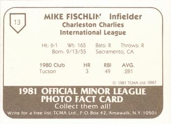 1981 TCMA Charleston Charlies #13 Mike Fischlin Back