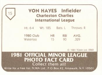 1981 TCMA Charleston Charlies #15 Von Hayes Back