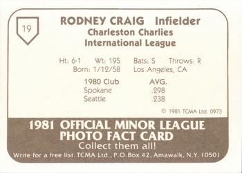 1981 TCMA Charleston Charlies #19 Rodney Craig Back