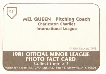 1981 TCMA Charleston Charlies #21 Mel Queen Back