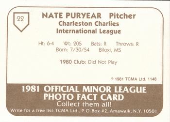 1981 TCMA Charleston Charlies #22 Nate Puryear Back
