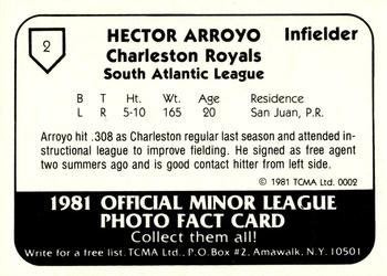 1981 TCMA Charleston Royals #2 Hector Arroyo Back