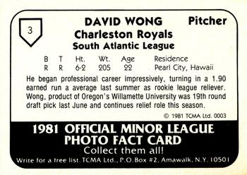 1981 TCMA Charleston Royals #3 David Wong Back
