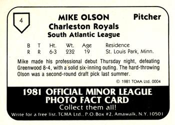 1981 TCMA Charleston Royals #4 Mike Olson Back