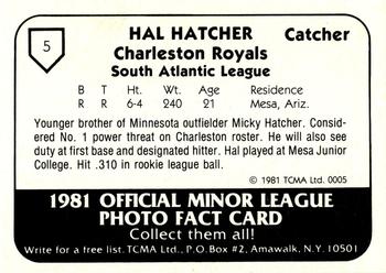 1981 TCMA Charleston Royals #5 Hal Hatcher Back