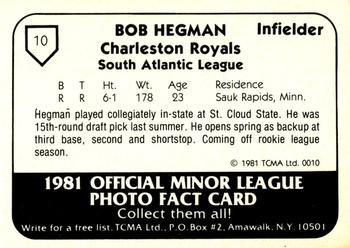 1981 TCMA Charleston Royals #10 Bob Hegman Back