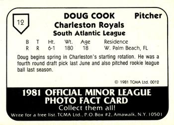 1981 TCMA Charleston Royals #12 Doug Cook Back
