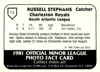 1981 TCMA Charleston Royals #13 Russell Stephans Back