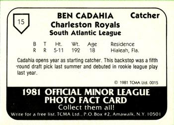 1981 TCMA Charleston Royals #15 Ben Cadahia Back