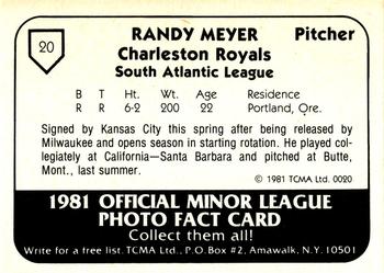 1981 TCMA Charleston Royals #20 Randy Meyer Back