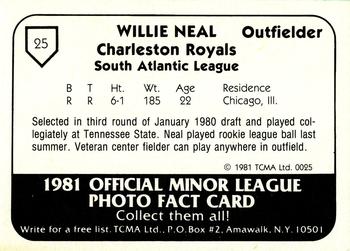1981 TCMA Charleston Royals #25 Willie Neal Back