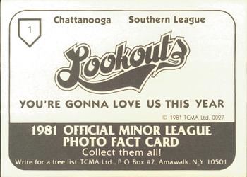 1981 TCMA Chattanooga Lookouts #1 Robert Gariglio Back