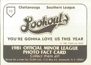 1981 TCMA Chattanooga Lookouts #10 Todd Heimer Back