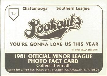 1981 TCMA Chattanooga Lookouts #15 Ricky Baker Back