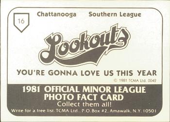1981 TCMA Chattanooga Lookouts #16 Carmelo Castillo Back