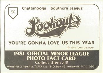 1981 TCMA Chattanooga Lookouts #20 Craig Adams Back