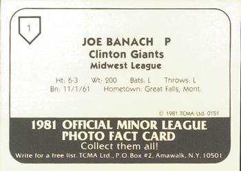 1981 TCMA Clinton Giants #1 Joe Banach Back