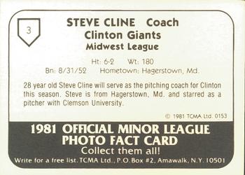 1981 TCMA Clinton Giants #3 Steve Cline Back