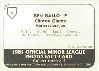 1981 TCMA Clinton Giants #6 Ben Gallo Back