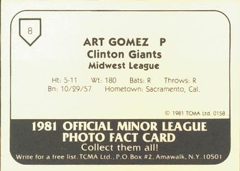1981 TCMA Clinton Giants #8 Art Gomez Back