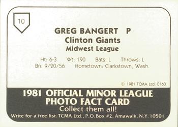 1981 TCMA Clinton Giants #10 Greg Bangert Back