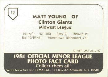 1981 TCMA Clinton Giants #12 Matt Young Back