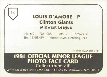 1981 TCMA Clinton Giants #14 Louis D'Amore Back