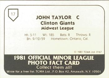 1981 TCMA Clinton Giants #17 John Taylor Back