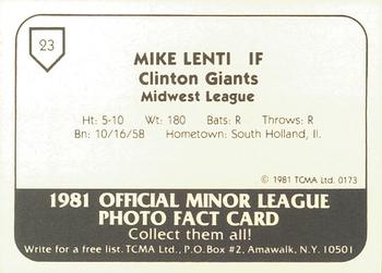 1981 TCMA Clinton Giants #23 Mike Lenti Back