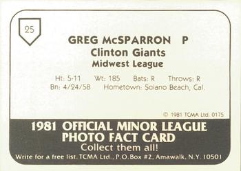1981 TCMA Clinton Giants #25 Greg McSparran Back