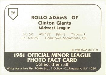 1981 TCMA Clinton Giants #26 Rollo Adams Back