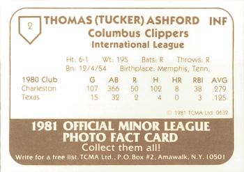 1981 TCMA Columbus Clippers #2 Tucker Ashford Back